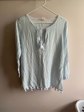 C&C California Light Blue Striped Tassel Hem Linen Tunic Top